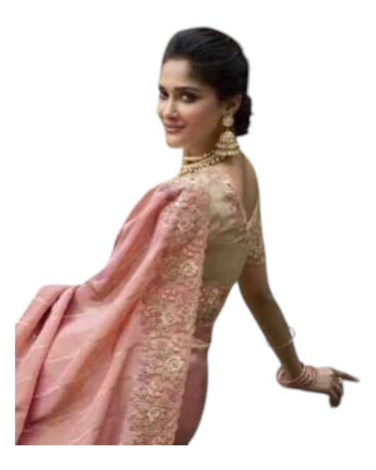 Peach - Handloom - Designer Embroidered Saree with Blouse Piece - SULBRI4012 PY 0425