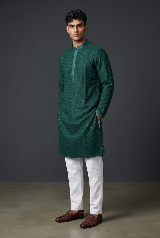 Bottle Green - Rich Lucknowi Sequins Mens Indian Kurta set with Trousers - UK Stock - Weddings / Walimas , Sangeet, Diwali, Eid, Mehndi / Henna - EM10075 05TT26