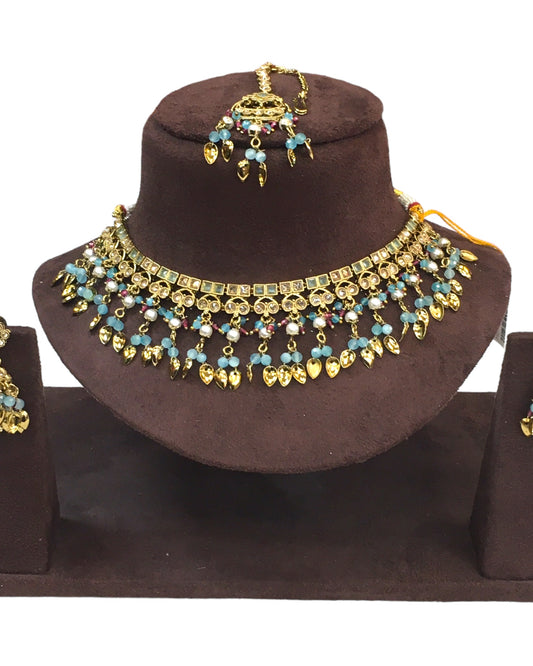 Sky / Light Blue - Medium Size Antique Gold Finish Necklace Set with Earrings - HB1000 KY 0424