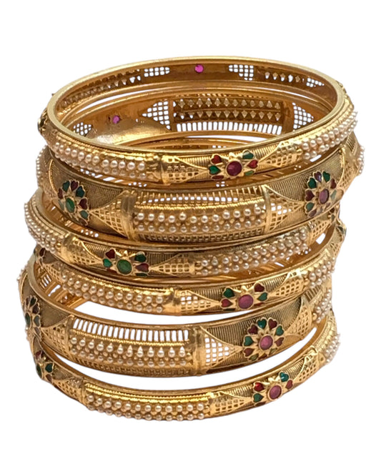 Antique Gold Finish Hand Crafted Rajasthani Kada & Bangles Set (Set of 6) - UK stock - SB1091 H