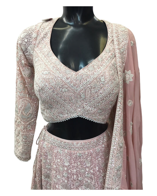 Dusty Pink - Delicately Embroidered Chiffon Designer Lehenga Set - UK 12-16 - UK Stock - 24h Dispatch - NE2401 CP 0724