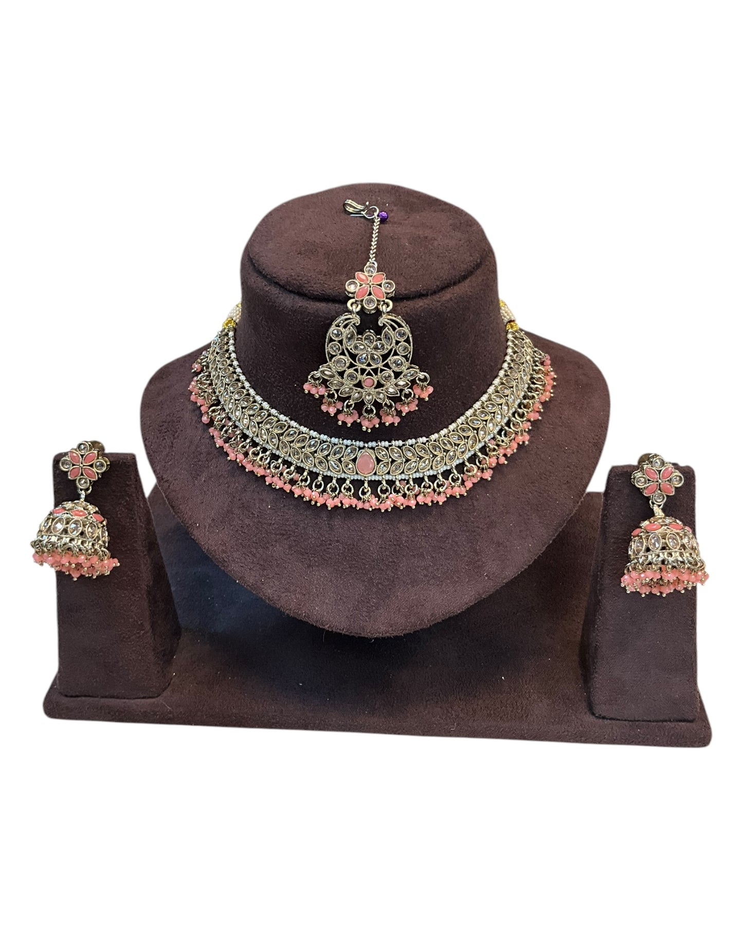 Peach - Medium Size Antique Gold Finish Necklace Set with Earrings & Tika Head piece - GGA05 KV 0525
