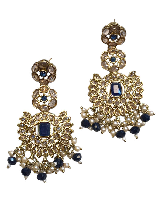 Navy Blue - Large - Antique Gold Finish Traditional Earrings - Bollywood - Weddings - PRI1773  11Tp24
