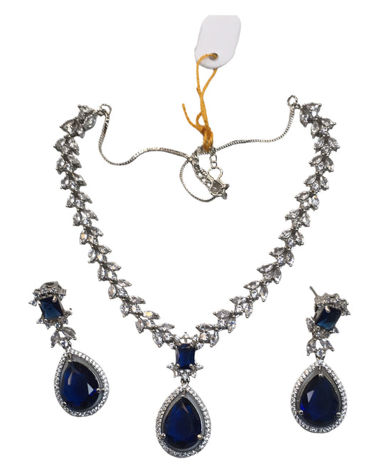 Navy - Medium - Silver Finish Necklace Set with Earrings - AE2409 A 0724
