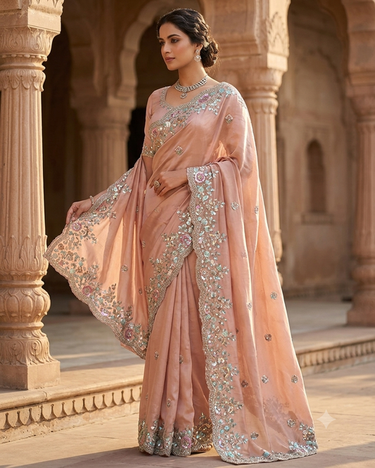 Sale! Baby Pink - Pastel Sequins Silky Saree with Blouse Piece - MF3801 JJ 0824