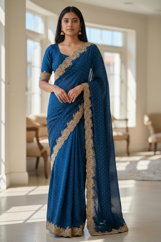 Navy Blue - Fancy Embroidered Saree with Blouse Piece - UK stock - 24hr Dispatch - SP250633 KA