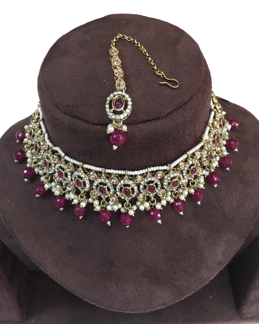 Purple - Medium Size Antique Gold Finish Choker Necklace Set with Earrings - RAK149 C 0424