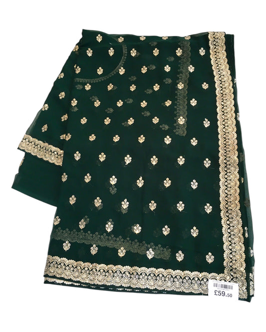 Bottle Green - Chiffon - Party Wear Embroidered Saree with Blouse Piece - SP2504008 VY