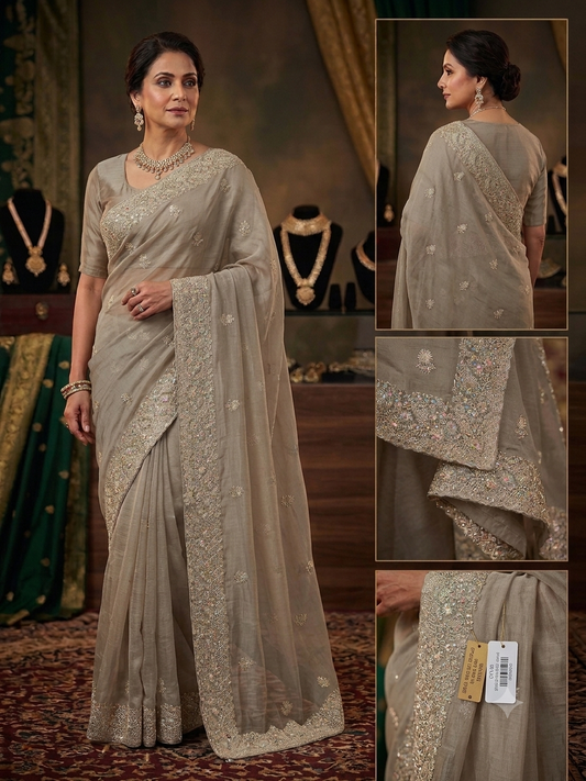 Gold - Saree with Thread / Stone Work and Blouse Piece - UK stock - 24hr Dispatch - SP2613 VY