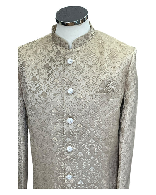 Beige / Gold - Classic Self Brocade Mens Sherwani with Quality Buttons - Smart Trousers - UK stock - 2/3 Days Delivery - YD2504 PY