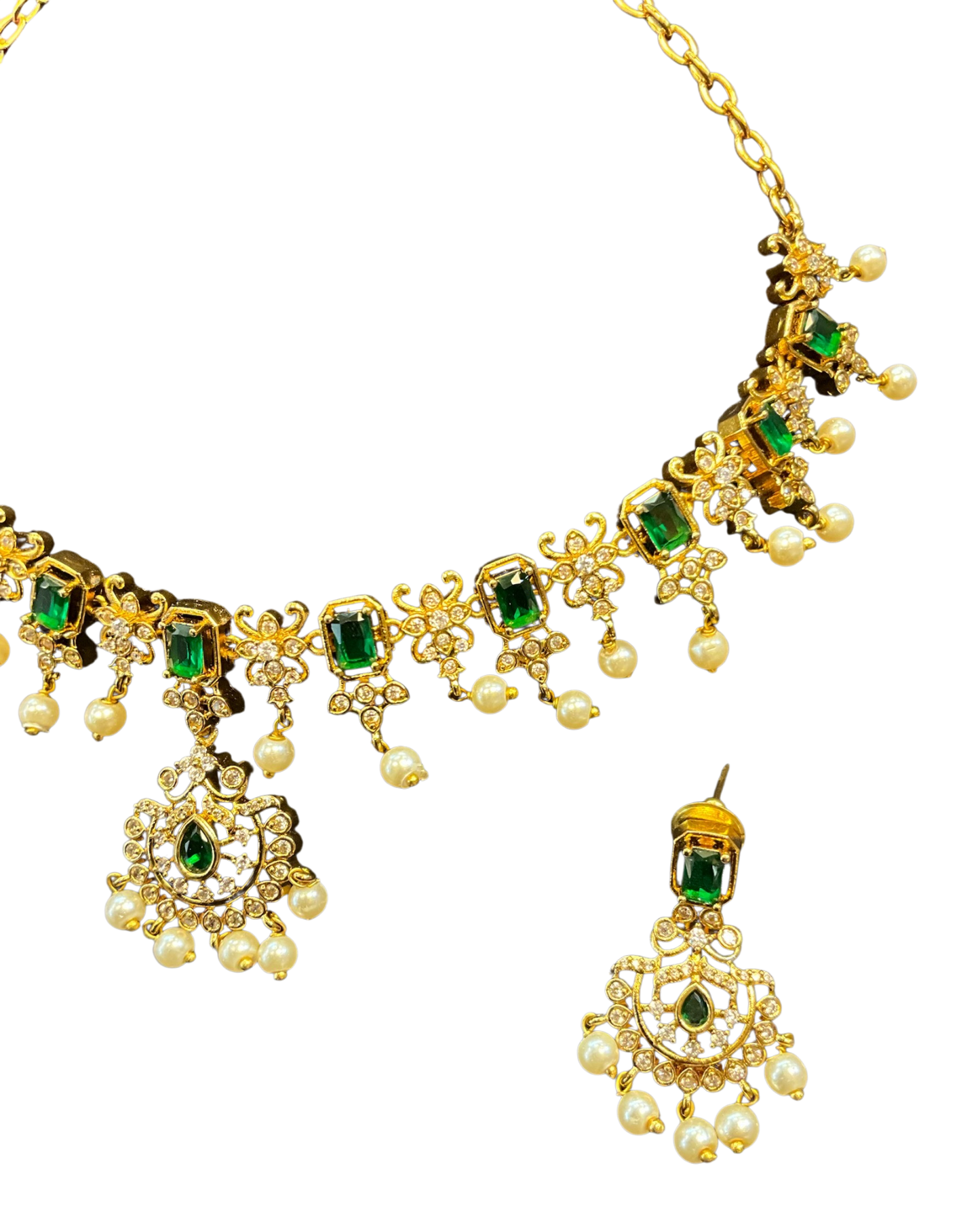 Green - Medium - Antique Gold Finish Necklace Set with Earrings & - AE2523 08KY25
