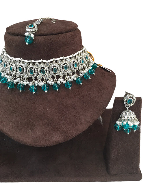 Turquoise - Medium Size Silver Finish Choker Necklace Set with Earrings - RAK149 C 0424