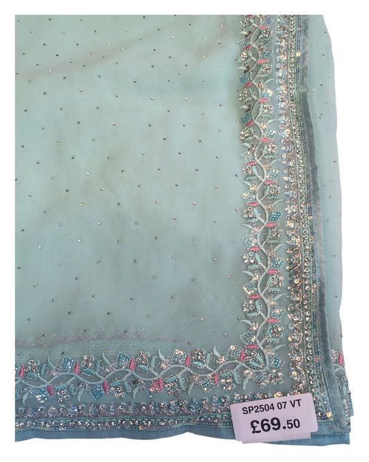 Sea Green - Chiffon - Party Wear Embroidiered Saree with Blouse Piece - SP250407 VT 0425