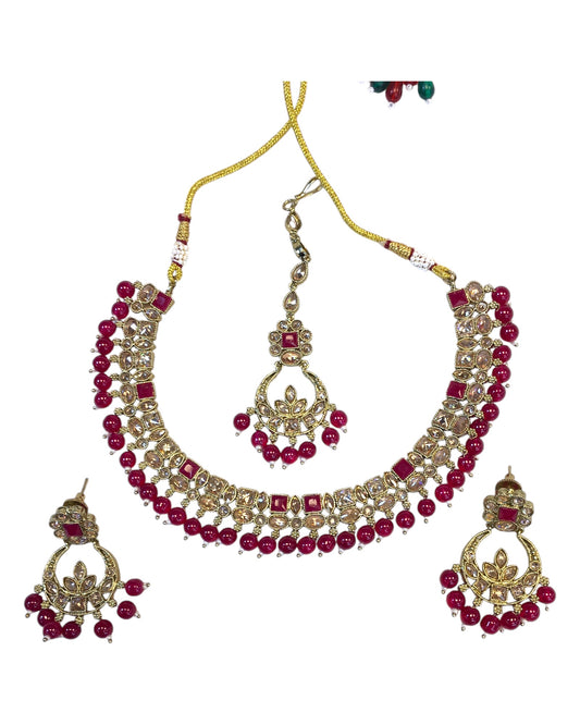 Magenta - Antique Gold Finish Necklace & Earrings Set - Bollywood - Weddings - KAJ1039 11KK24