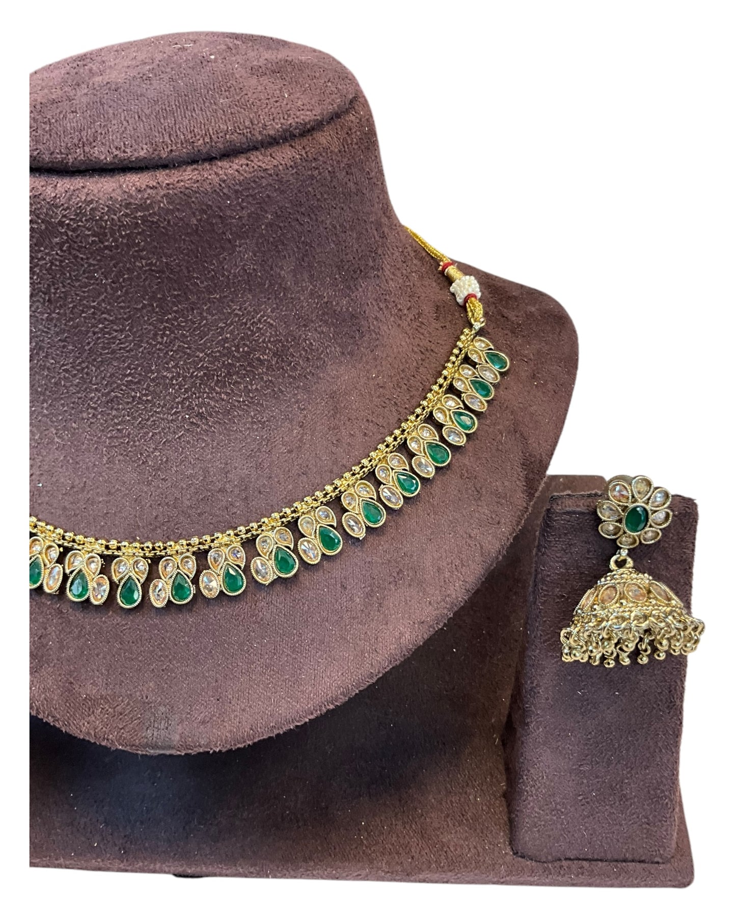 Green - Medium Size Antique Gold Finish Necklace Set - AE2508 H 0525