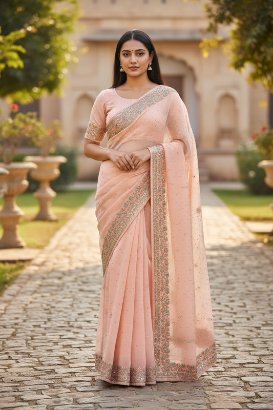 Pink - Chiffon - Party Wear Embroidiered Saree with Blouse Piece - SP250407 VT 0425