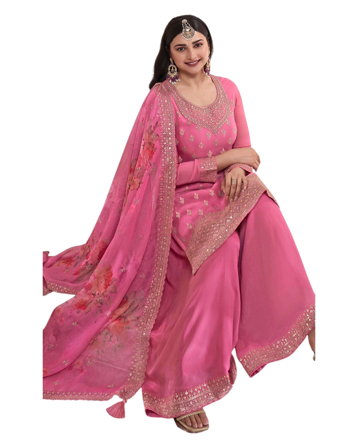 Pink - Simple / Classy Ladies Indian Palazzo Trousers Suit with Printed Dupatta - Size 14 (40") - VF67833 TK1024