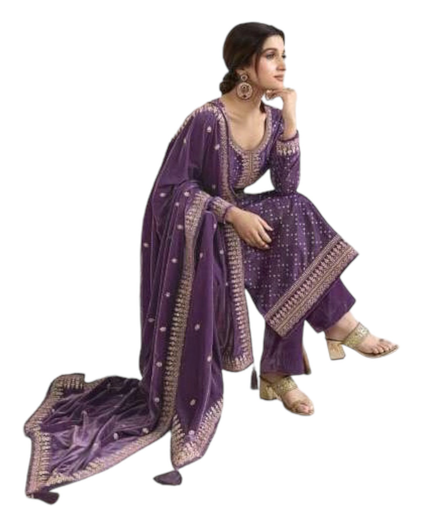 Wine - Rajastahan Print Velvet Ladies Indian Salwar Suit with Dupatta - KK65675 TA 1023
