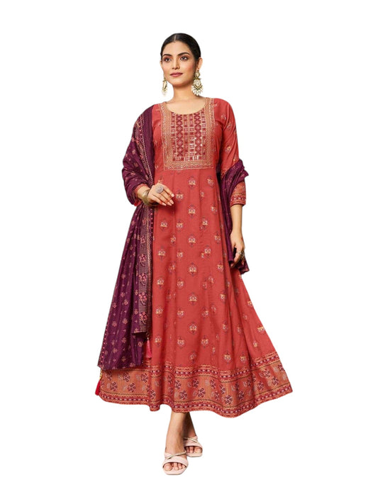 Rust Burnt Orange- Cotton Block Printed Long Dress with Dupatta - Available in Sizes 14(40") & 20 (46") - BH1004 KK 0924