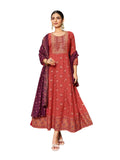 Rust Burnt Orange- Cotton Block Printed Long Dress with Dupatta - Available in Sizes 14(40") & 20 (46") - BH1004 KK 0924