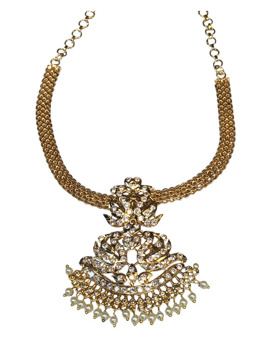 Gold & Pearl - Long necklace, Short Necklace, Earrings & Tika Headpiece Gold Finish Necklace Set with Earrings - SB2401 11KR24