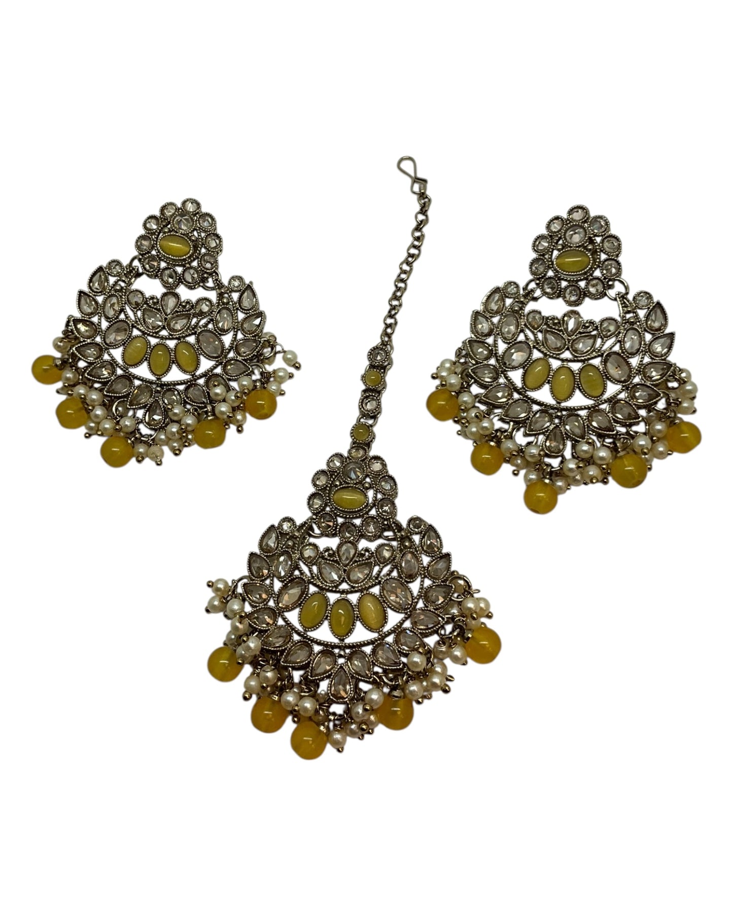 Yellow - Large Size Antique Gold Finish Necklace Set with Earrings & Head Piece - Bollywood - AE2514 08KY25