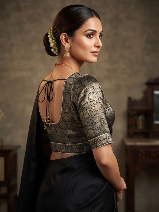Size 38" / UK 12 - Black - Banarasi Brocade Saree Blouse with Elbow-Length Sleeves - UK Stock - With Margin inside - VAM1358 - H