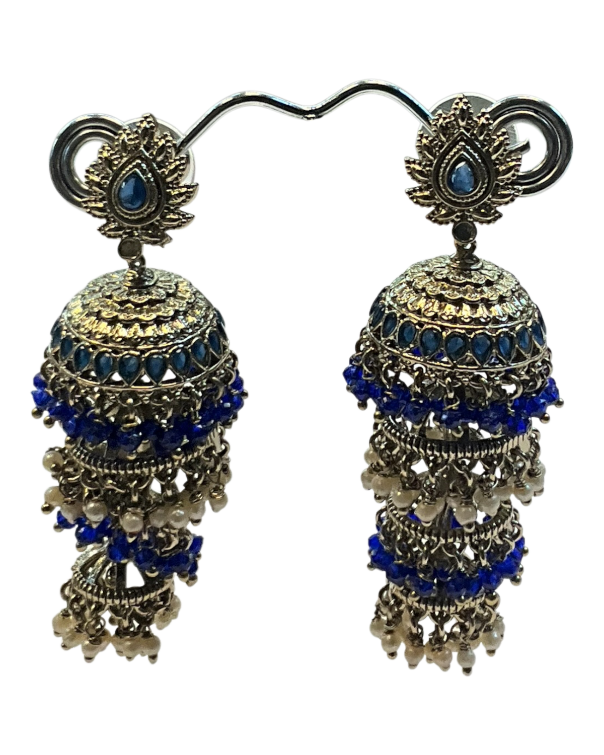 Royal Blue & Pearl Multi-Tiered Step Jhumka Earrings - Bollywood - Weddings - 12JE77 09KY26