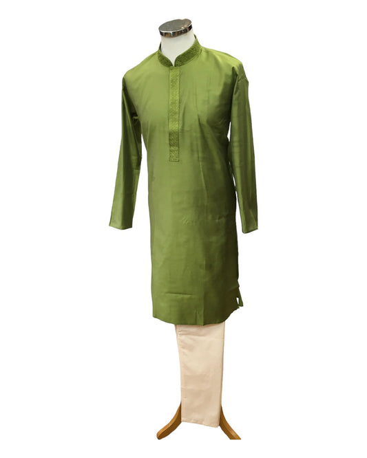 Henna / Mehendi Green - Cotton Silky Self Brocade Mens Kurta Set - Sangeet Mehendi Haldi - KCS1003 KK 1123