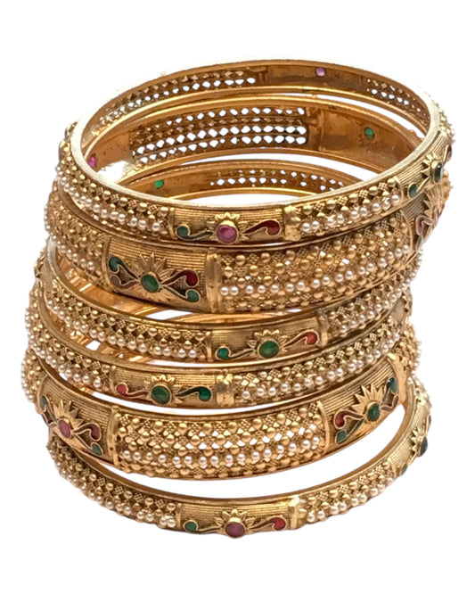 Antique Gold Finish Hand Crafted Rajasthani Kada & Bangles Set (Set of 6) - UK stock - SB1089 H