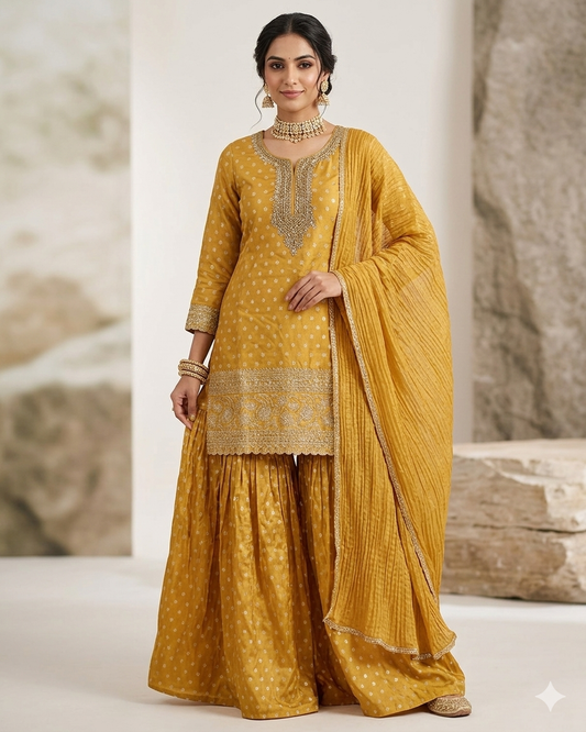 UK 12 / 38" - Haldi Yellow - Ladies Sharara / Palazzo Trousers Suit - UK Stock - Sangeet / Henna / Weddings - HEL6511 JP