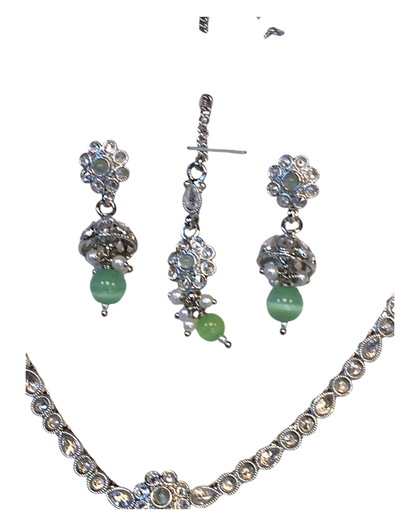 Mint Green - Small Size Silver Finish Necklace Set with Earrings & Head Piece /Tika- SLV79 11A24