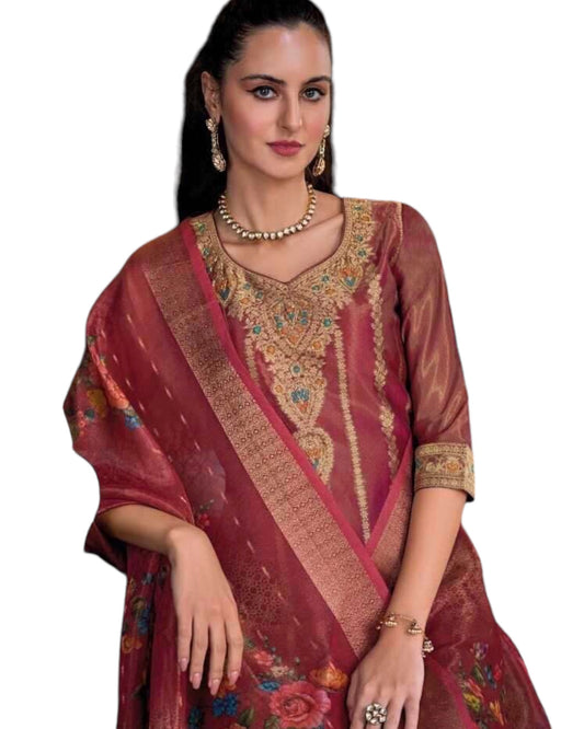 UK 10 / 36" - Maroon - Banarasi Handloom Ladies Indian Salwar Suit with Printed Dupatta - Available in Size 10 (36") LL-FAR22401 TY 1024