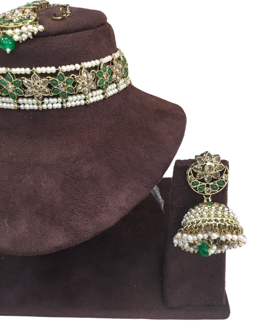 Green - Large Size Antique Gold Finish Necklace Set with Earrings - RAK95 KV 0424