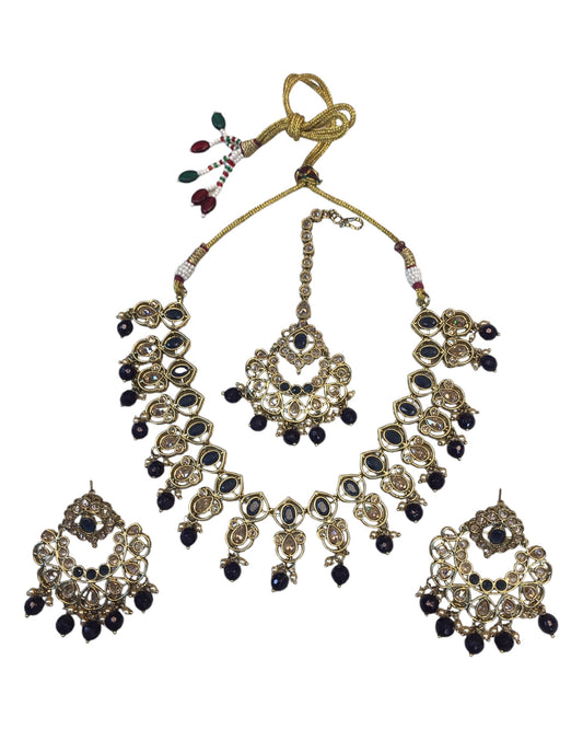 Navy Blue - Large Size Antique Gold Finish Necklace Set with Earrings - AV7787 11KK24