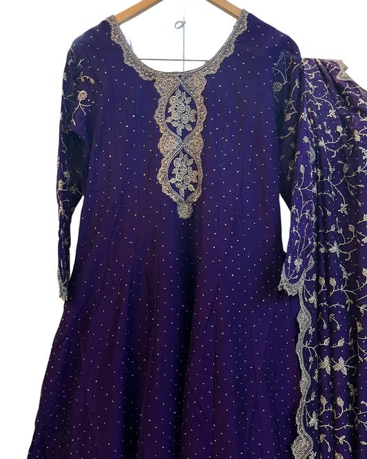 UK 14 / 40" - Purple - Crepe Ladies Anarakali Trousers Suit - Sangeet / Henna / Temple - OC16117 JY