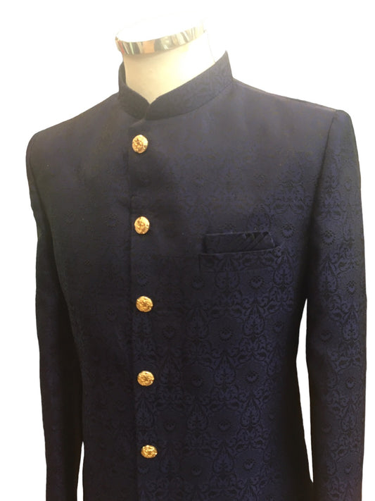 Navy Blue - Classic Self Brocade Sherwani with Gold Buttons - BS786 JP 0823