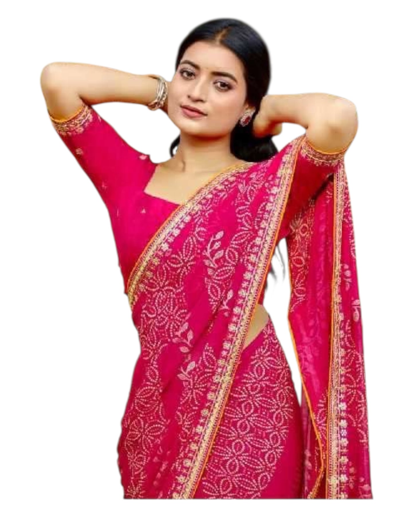 Magenta / Fuchsia - Bandhani Printed - Chiffon Saree with Blouse Piece - KAS-Chuneri 302 10KV25
