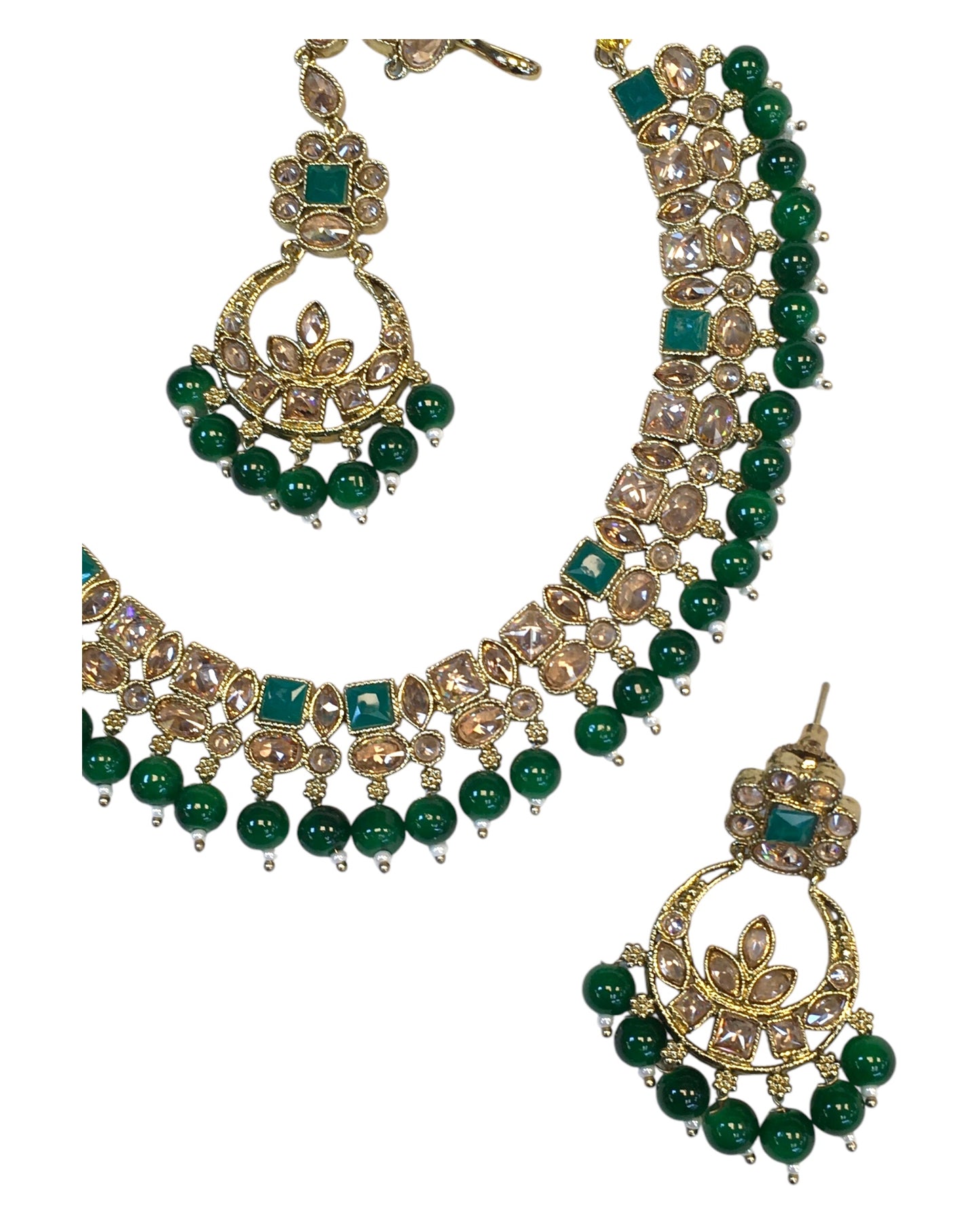 Green - Antique Gold Finish Necklace & Earrings Set - Bollywood - Weddings - KAJ1039 11KK24