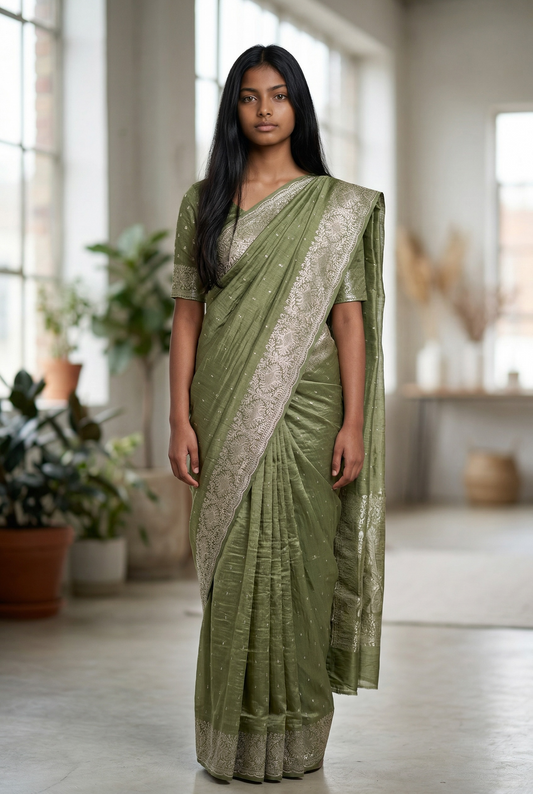 Olive Green - Fancy Party Saree with Blouse Piece - UK stock - 24hr Dispatch - VFU5410 03VR26