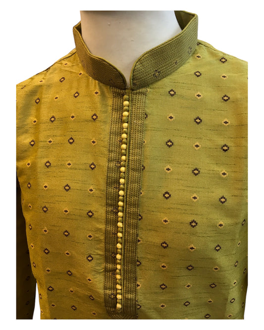 Mehndi Yellow - Brocade - Mens Indian Kurta set - Weddings / Walimas , Sangeet, Eid, Mehndi / Henna - NAD2510 01KR25