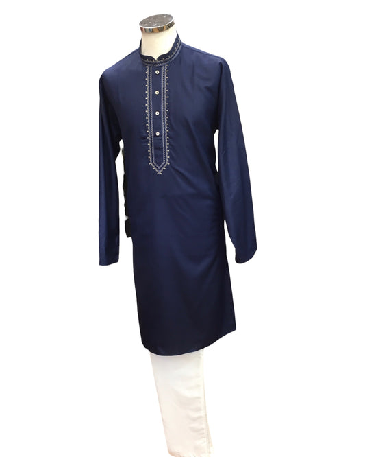 Navy Blue - Cotton Mens Kurta Set with Thread Embroidery- Sangeet Mehendi Haldi - KCS1038 KV 1123