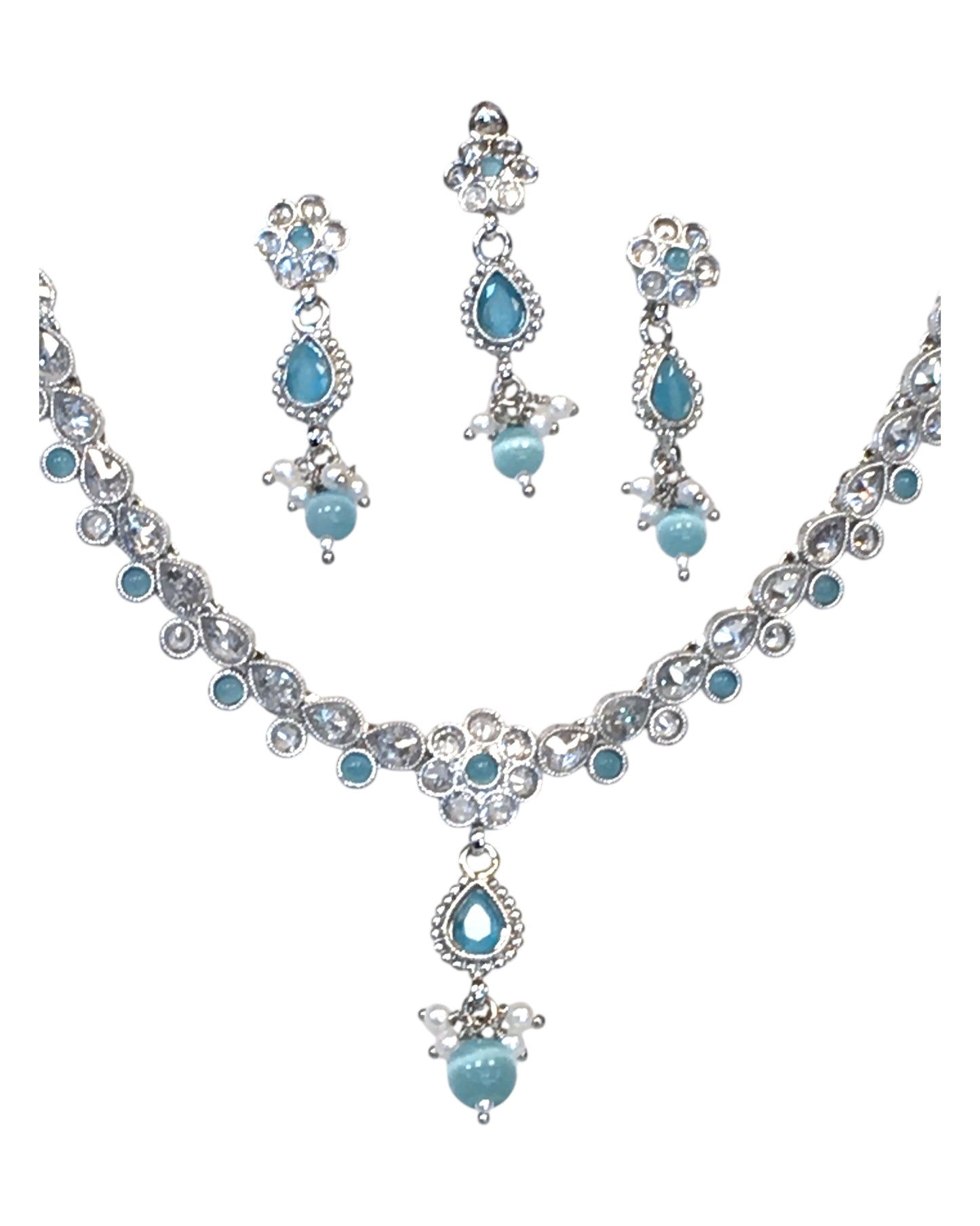 Light Blue - Small Size Silver Finish Necklace Set with Earrings & Head Piece /Tika- SLV78 11Ap24