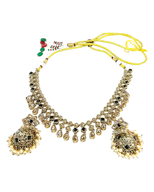 Black - Medium Size Antique Gold Finish Necklace Set with Earrings - SJ06 08H25