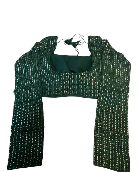 Size 38" / UK 12 - Bottle Green - Rich Sequins Embroidered Long Sleeve Saree blouse with cups - UK Stock - Quick Delivery - RNK - R860-KA