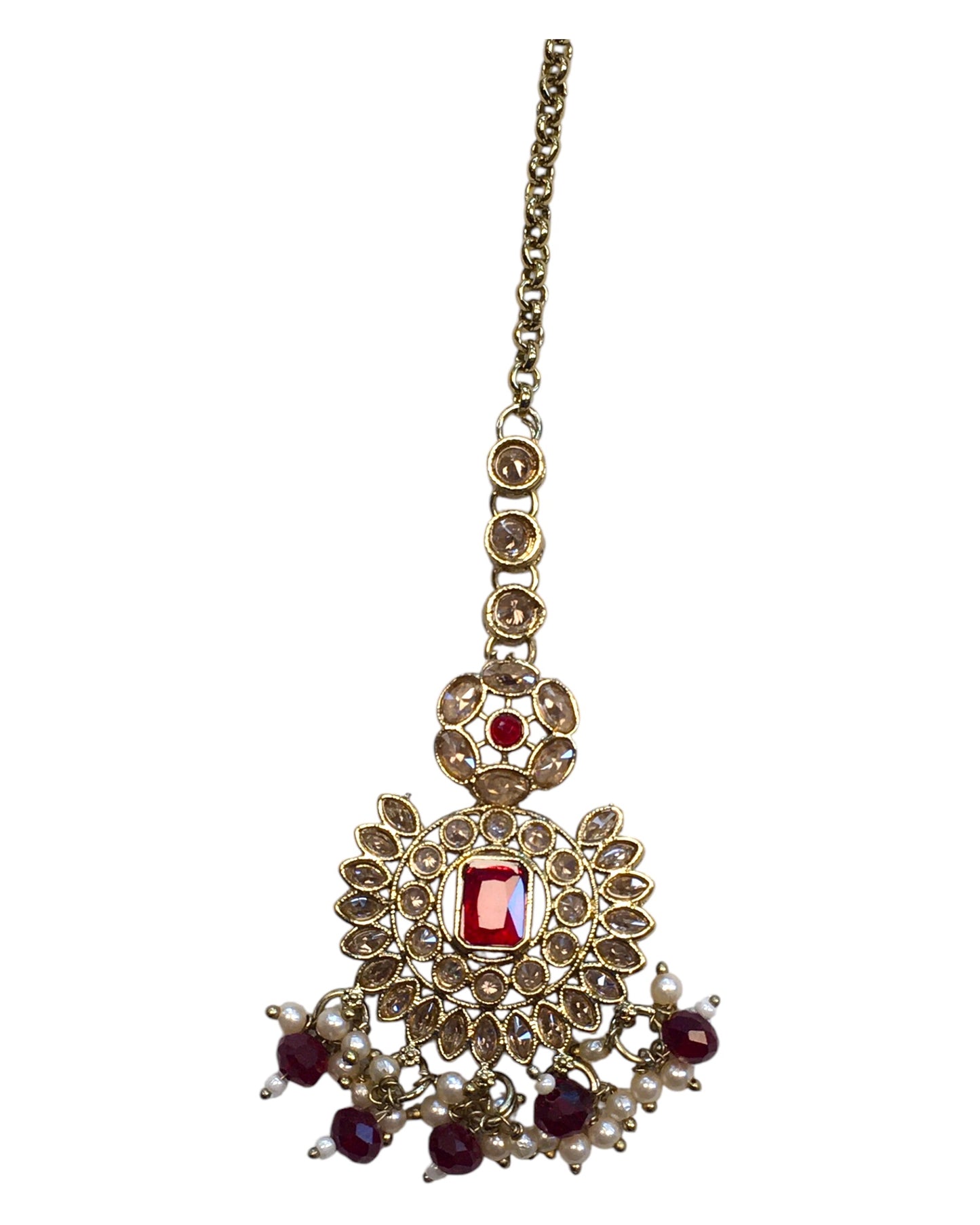 Maroon - Large - Antique Gold Finish Traditional Tika Head piece - Bollywood - Weddings - PRI1773 11V24