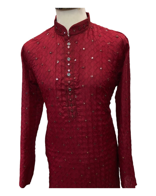 Maroon - Linen Mirror Work Mens Kurta Set - Sangeet Mehendi Haldi - NY23067KT 1123