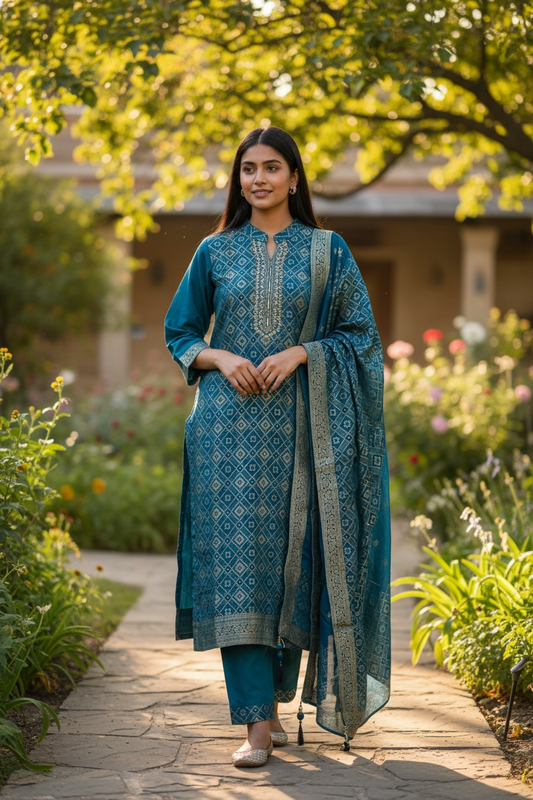UK 14 / 40" - Petrol Blue - Silky Brocade Ladies Trousers Suit - Sangeet / Henna / Temple - KTC241063 VA