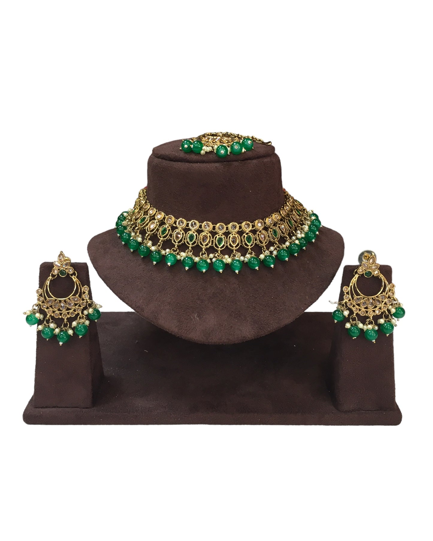 Green - Large Size Antique Gold Finish Necklace Set with Earrings - VJY403 C 0424