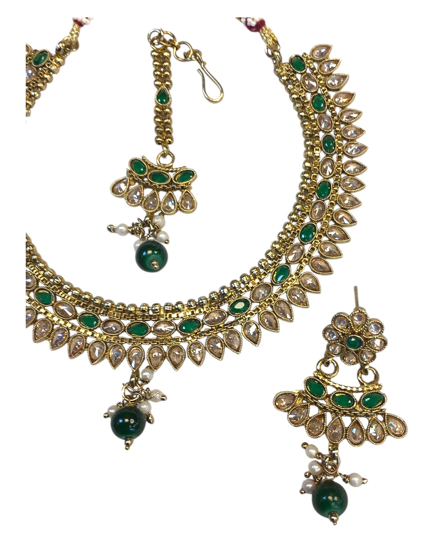 Green - Antique Gold Finish Necklace & Earrings Set - Bollywood - Weddings - HR1015 11C24